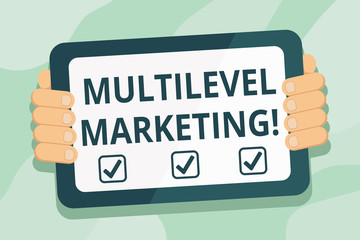 Handwriting text Multilevel Marketing. Conceptual photo marketing strategy for the sale of products or services Color Tablet Smartphone with Blank Screen Handheld from the Back of Gadget