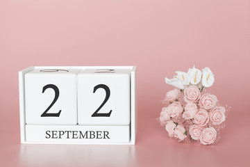 September 22nd. Day 22 of month. Calendar cube on modern pink background, concept of bussines and an importent event.