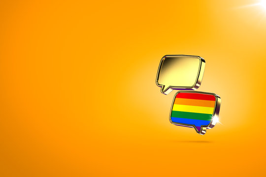 Two chat clouds - one with rainbow colors inside. Dialog between homosexual and heterosexual people, reaching agreements and peace concept. Orange background, copy space included. 3D rendering