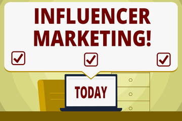 Fototapeta premium Conceptual hand writing showing Influencer Marketing. Concept meaning drive brand message to a specific market of consumers Speech Bubble Pointing White Laptop Screen in Workspace Idea