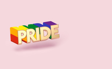 Golden PRIDE word pin with rainbow outline. LGBTQ pride month symbol concept. Isolated on pastel pink background with copy space. 3D rendering