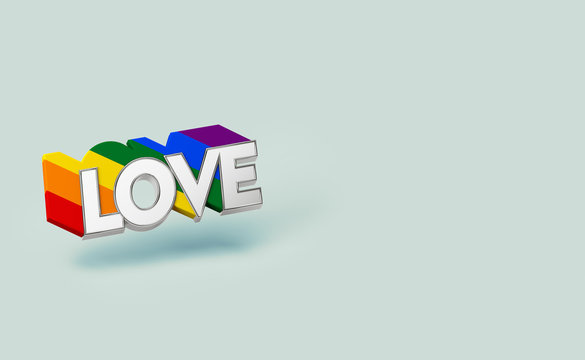 Silver LOVE word with rainbow outline. LGBTQ love symbol concept. Isolated on pastel green background with copy space. 3D rendering