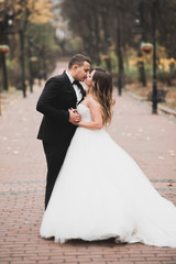 Beautiful romantic wedding couple of newlyweds hugging in park