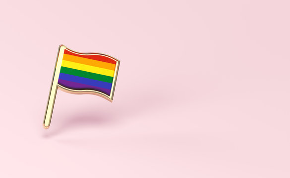 Rainbow LGBTQ Flag Pin. Gay Pride Month Symbol Concept. Isolated On Pastel Pink Background With Copy Space. 3D Rendering