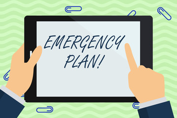 Writing note showing Emergency Plan. Business concept for actions developed to mitigate damage of potential events Businessman Hand Holding and Pointing Colorful Tablet Screen