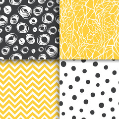 Abstract hand drawn geometric simple minimalistic seamless patterns set. Polka dot, stripes, waves, random symbols textures. Vector illustration