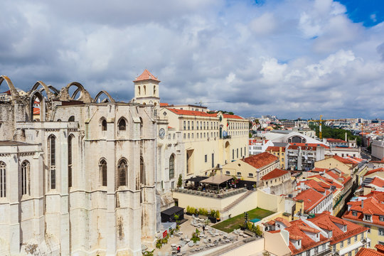 View on The Carmo Convent, Convento da Ordem do Carmo, and Quartel do Carmo, GNR National Guard headquarters from the terrace of the Santa Justa Lift.  Lisbon, Portugal