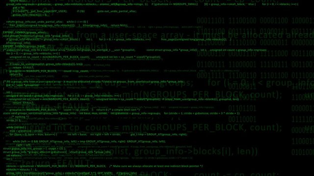 Animation of computer monitor screen showing code and text hacked or infected by network virus.
