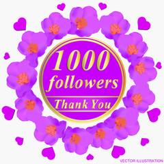 1000 followers. Bright followers background. 1000 followers illustration with thank you on a ribbon. Vector illustration.