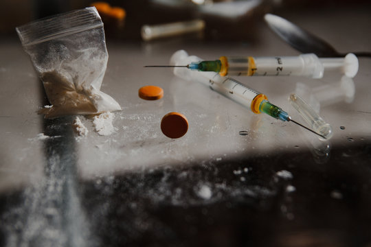 A bag of cocaine. Harm drugs. The concept of addiction to psychotropic substances