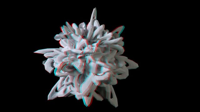 3D anaglyph. Complex fractal rotating in a continuous loop, isolated on black. View with red/cyan glasses.