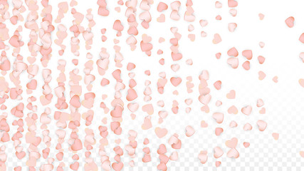 Love Hearts Confetti Falling Background. St. Valentine's Day pattern Romantic Scattered Hearts. Vector Illustration for Cards, Banners, Posters, Flyers for Wedding, Anniversary, Birthday Party, Sales.