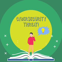 Word writing text Cybersecurity Threat. Business photo showcasing potential to cause serious harm to a computer system Man Standing Behind Open Book, Hand on Head, Jagged Speech Bubble with Bulb