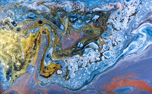 Blue marbling pattern. Golden marble liquid texture. © anya babii