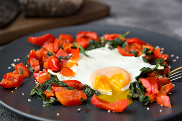 salad cooked Breakfast fried egg vegetables bread with cuttlefish ink healthy food