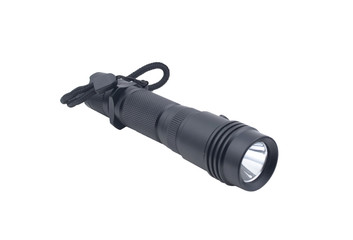 Black tactical flashlight isolated on white background