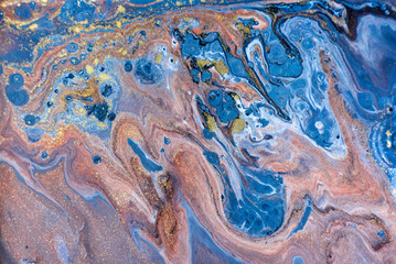 Blue marbling pattern. Golden marble liquid texture.