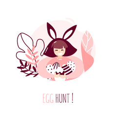 Cartoon girl with rabbit ears, plants and Easter eggs on white background. Happy Easter card in trendy flat linear style. Vector banner with text Egg hunt.
