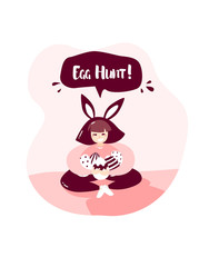 Cartoon girl with rabbit ears and Easter eggs in nature. Happy Easter card in trendy flat linear style. Vector banner with text Egg hunt.