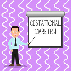 Conceptual hand writing showing Gestational Diabetes. Concept meaning elevated level of glucose in the blood during pregnancy Man in Necktie Holding Stick Pointing White Screen on Wall