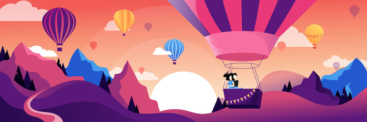 Couple flying hot air balloon above mountains. Air balloon festival vector flat illustration. Romantic summer travel