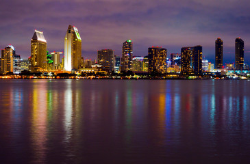 San Diego, CA / USA - April 15, 2019: Colorful reflections  San Diego Downtown skyline from Coronado pier