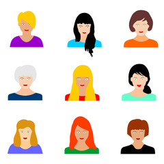 Female portraits. Woman heads with various hairstyle. Vector graphic illustration. 