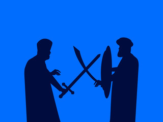 The battle of swords. Silhouette of two men beating on swords. Medieval duel. Vector illustration