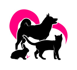 Black silhouettes of cat, dog and rabbit on the background of Magenta hearts