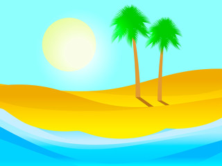 Palm tree on the sandy beach. Tropical island, summer landscape. Vector illustration