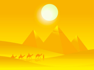 Caravan of camels with people in the hot desert on the background of the pyramids of Giza. Vector illustration