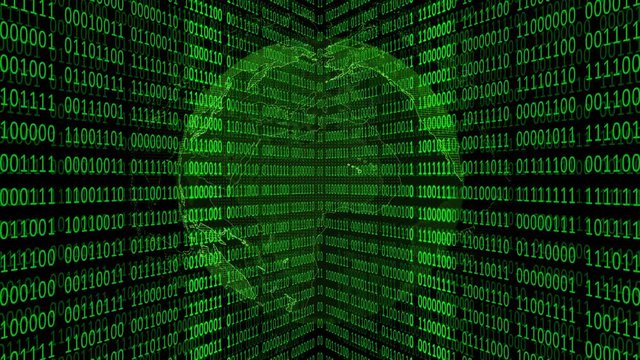 Digital planet Earth. Loopable 3D animation with rotating globe at Binary code background. Abstract global digital technology concept.