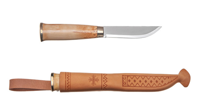 hunting knife with a wooden handle in a leather case isolated on white back