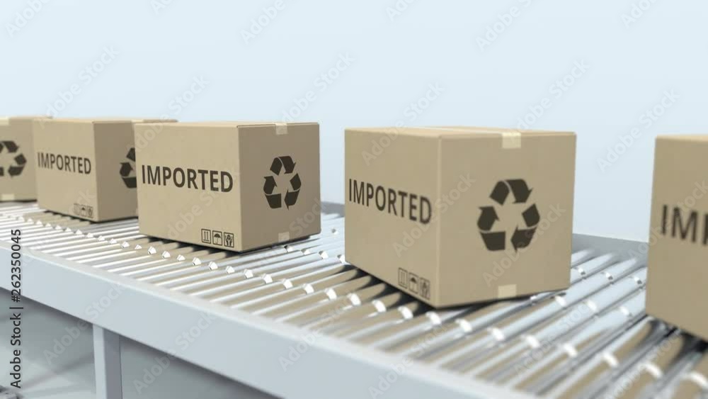 Poster cartons with imported text on roller conveyor. loopable 3d animation