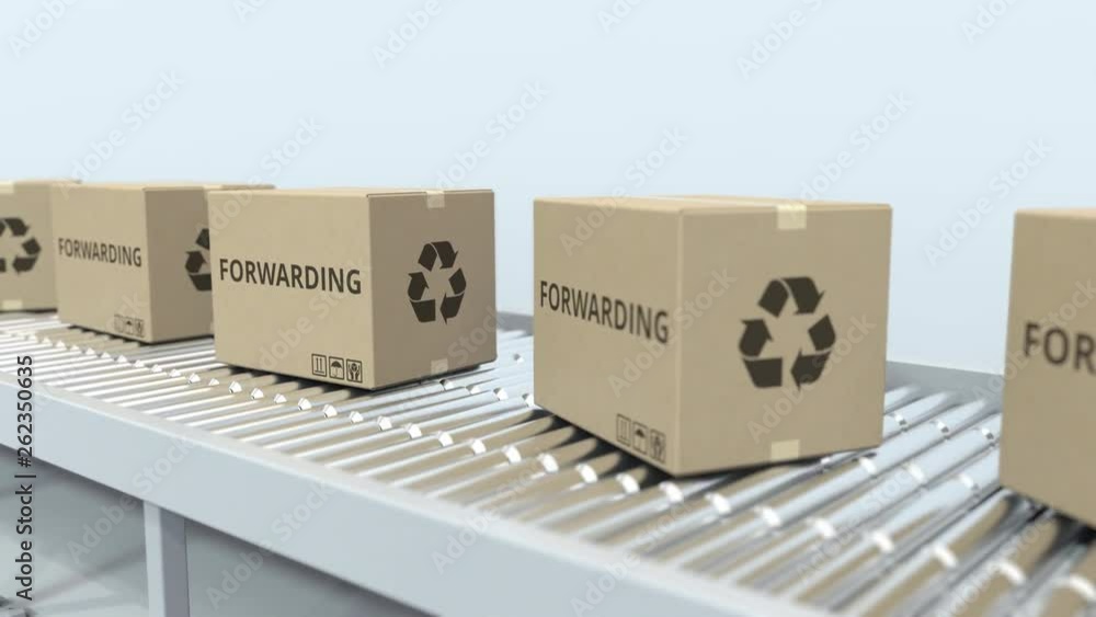 Aufkleber cartons with forwarding text on roller conveyor. loopable 3d animation