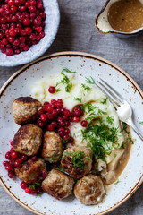 Scandinavian meatballs with mash potatoes and lingonberries