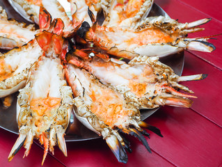 Grilled big tiger shrimps prawns on Plate. Roasted barbecue shrimp.