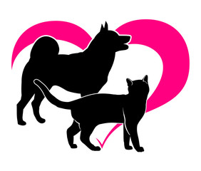 Black silhouette of a cat and a dog on the background of Magenta heart