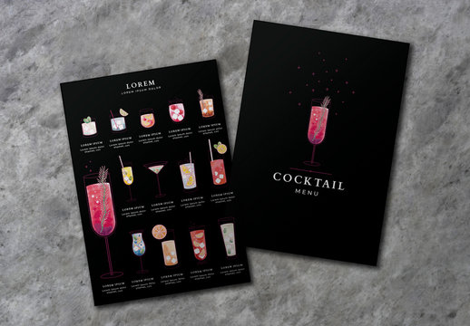 Illustrative Cocktail Menu Design Layout With Black Background