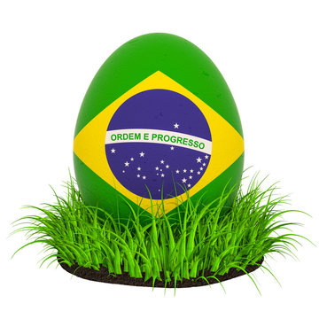 Easter egg with flag of Brazil in the green grass, 3D rendering