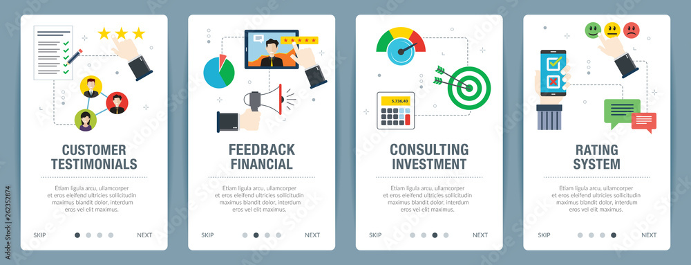 Poster web banners concept in vector with customer testimonials, feedback financial, consulting investment 