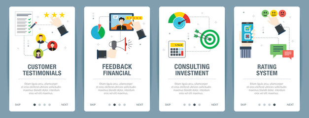 Web banners concept in vector with customer testimonials, feedback financial, consulting investment and rating system. Internet website banner concept with icon set. Flat design vector illustration.