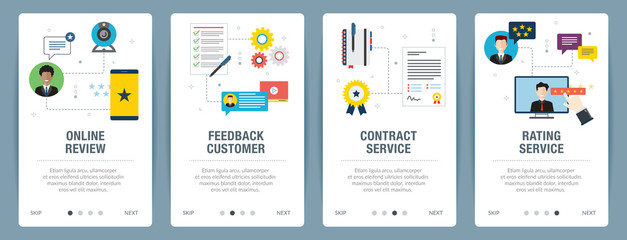 Web banners concept in vector with online review, feedback customer, contract service and rating service. Internet website banner concept with icon set. Flat design vector illustration.