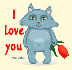 sweet Declaration of love. the cat holds in its paws a flower. vector illustration