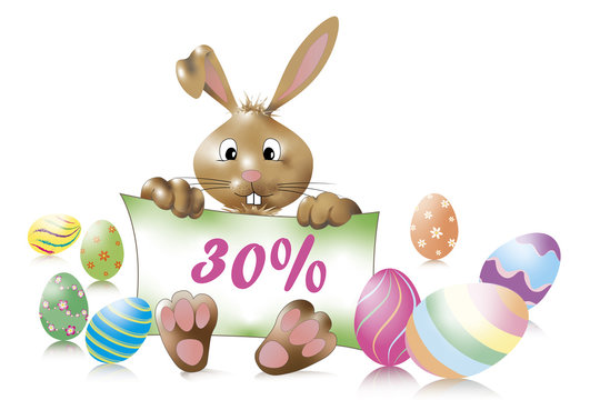 Osterhase mit Aktionsschild "30%" von kugelnde, liegende und stehende pastellfarbigen Ostereier umgeben