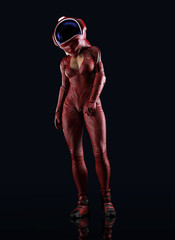 Fototapeta na wymiar female futuristic astronaut dressed suit with helmet on black background.- 3d render