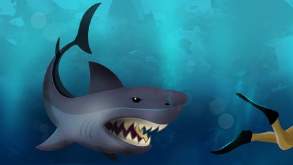 Obraz na płótnie Canvas Shark attacking a diver in the deep sea