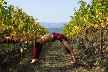 yoga au milieu des vignes en automne