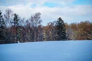snow covered fields in winter countryside
