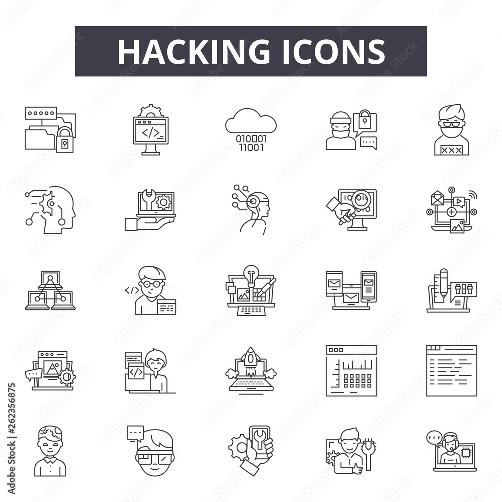 Poster hacking line icons, signs set, vector. hacking outline concept illustration: hacking,protection,secu